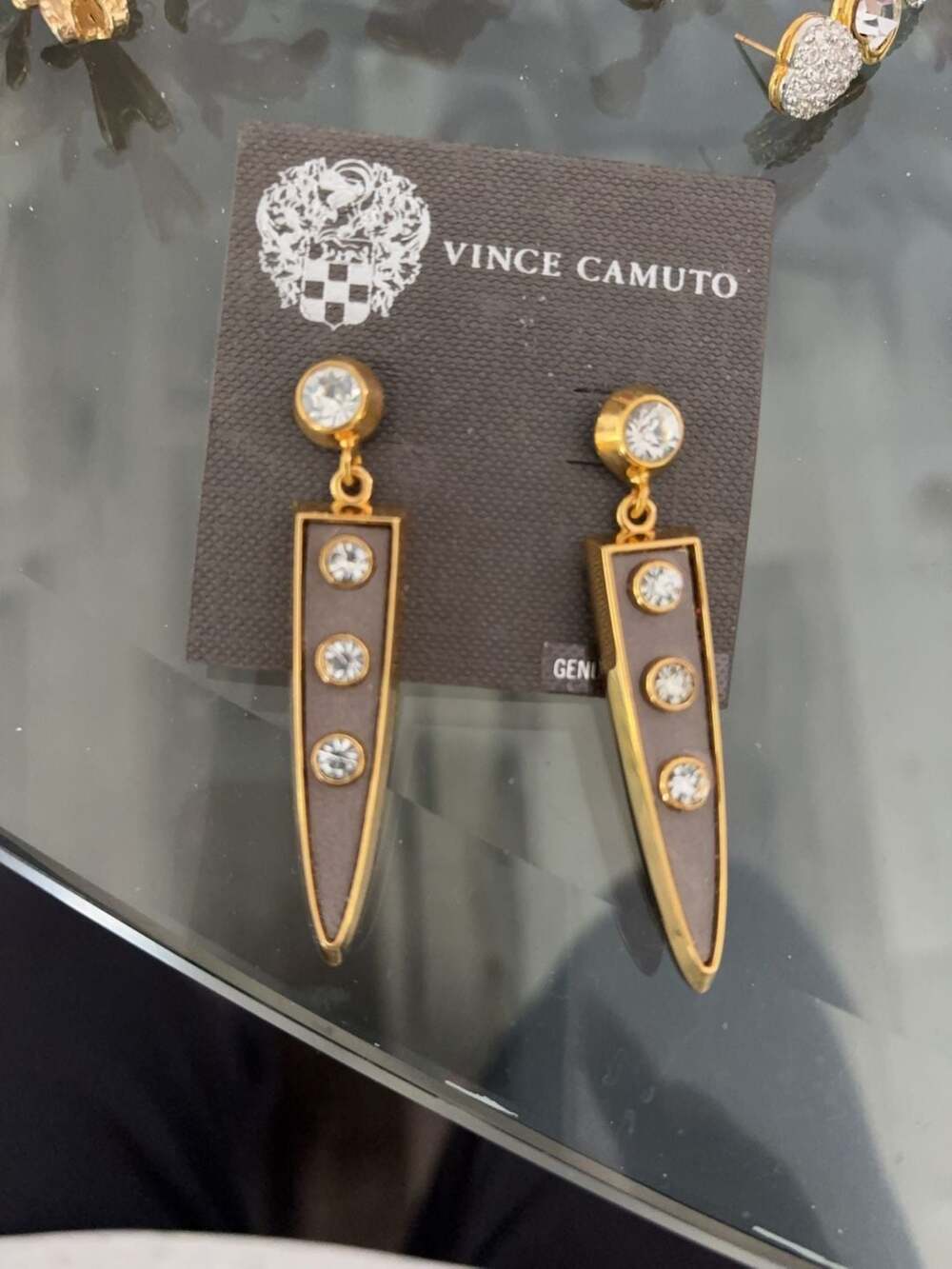Vince Camuto Gold Tone and Grey Leather Crystal Spear Drop Earrings